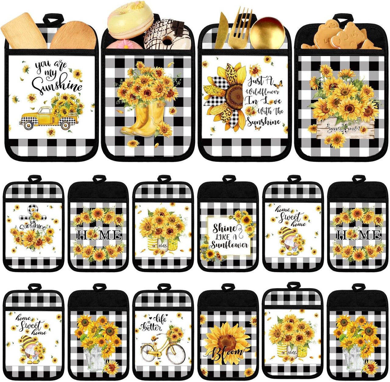 12 Pcs Sunflower Pot Holders with Pocket Teacher Appreciation Gift Bulk Summer Pot Holders Buffalo Plaid Hot Pads and Oven Mitts Gnomes Farmhouse Oven Gloves for Kitchen Baking Cooking Home
